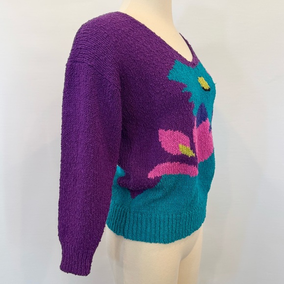 Vintage 80s Campus Casuals Teal Purple Knit Bold Floral Pullover Top Sweater S - Picture 5 of 8